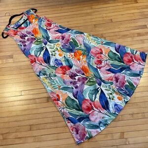 SOFT SURROUNDINGS Bright Watercolor Floral Print Maxi Tank Dress Pockets Cotton